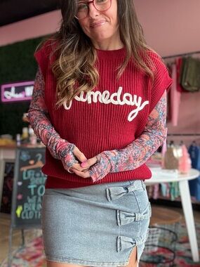 Red Knit Sleeveless Crewneck Gameday Sweater Vest with Script Detail